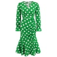 thumbnail image 5 of Women's Elegant Polka Dots Dress Long Sleeve Wrap V Neck Ruched Ruffle Hem Mermaid Pencil Midi Dresses, 5 of 7