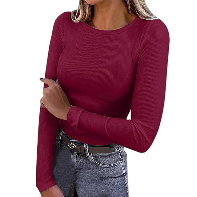 Womens Long Sleeve Ribbed Crewneck T-Shirt - Fitted Stretch Basic Top, Versatile Casual Shirt for All Seasons