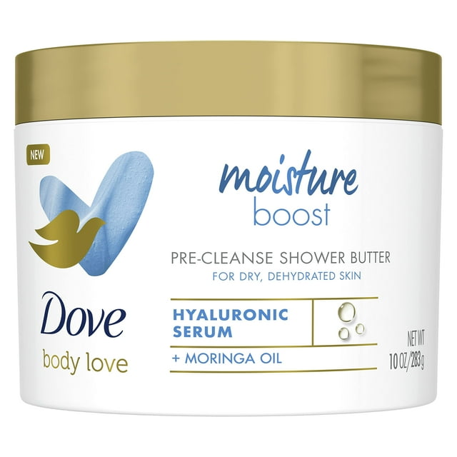 Dove Body Love Shower Cleansing Butter Limpiador hidratante para piel seca, más sedoso que el gel de baño con ácido hialurónico y aceite de moringa, 10 oz