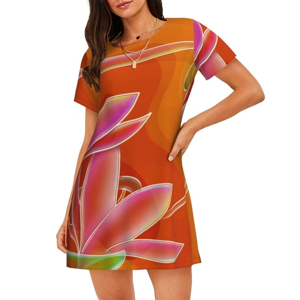 Easygdp Orange Flower Psychedelic Camisón de manga corta para mujer, informal, estampado