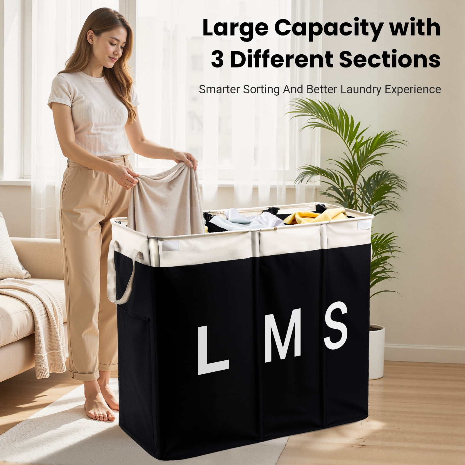 Large Laundry Hamper with Lid, 3-Bin Laundry Baskets with Removable Bags,190L