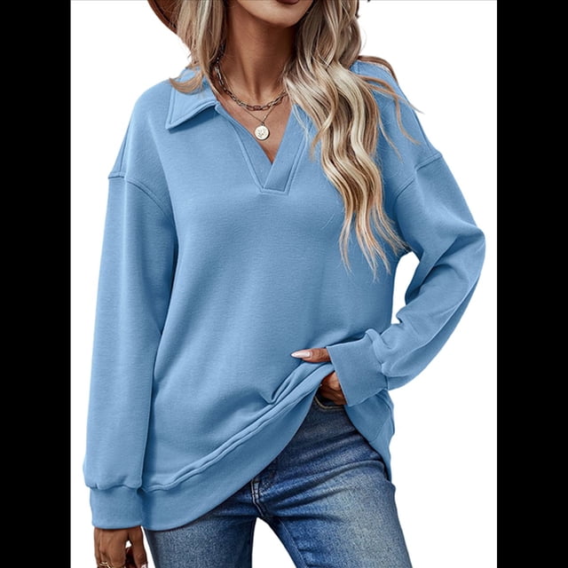 Sudadera con Cuello en V y Larga para Mujer, Estilo Informal, Holgado, de Punto, Estilo Túnica, para Otoño Azul L