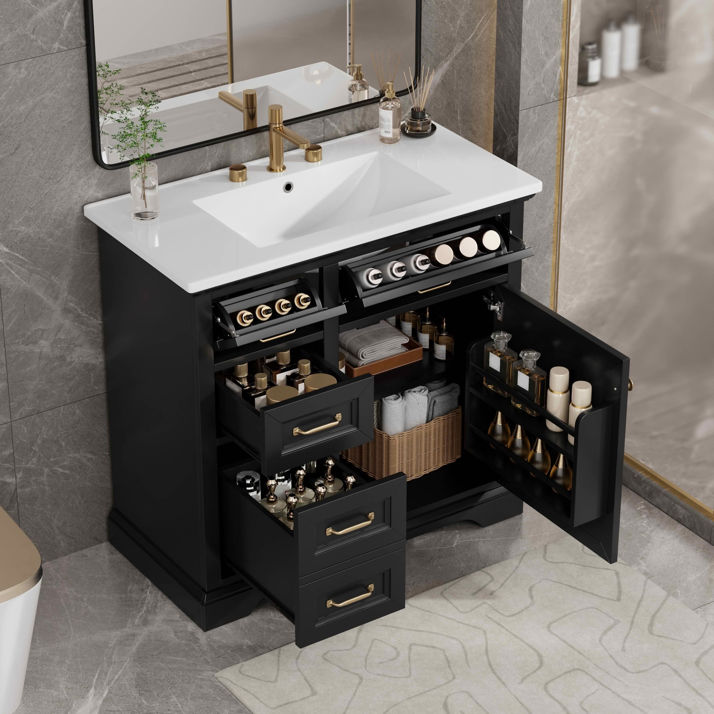 MAYEERTY 36" Bathroom Vanity Ceramic Sink Top 4 Drawers 1 Soft-Close Door Freestanding Metal Handles Black