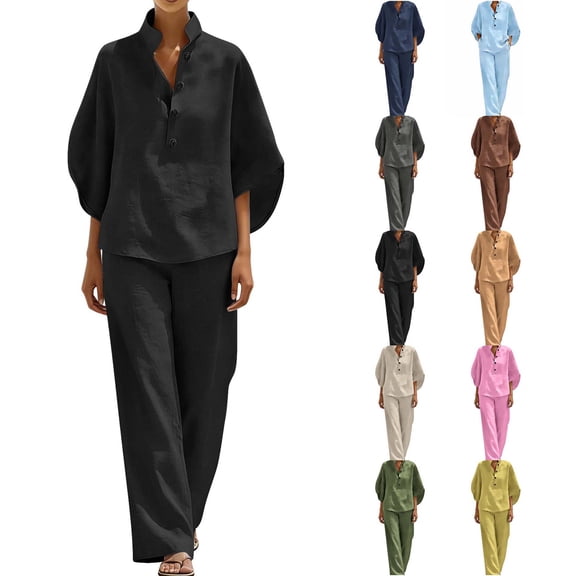DYTTDG Women's Linen Blend 2-Piece Outfit | V-Neck Batwing Sleeve Top & Wide Leg Pants Casual Set, Loose Fit Summer Wear