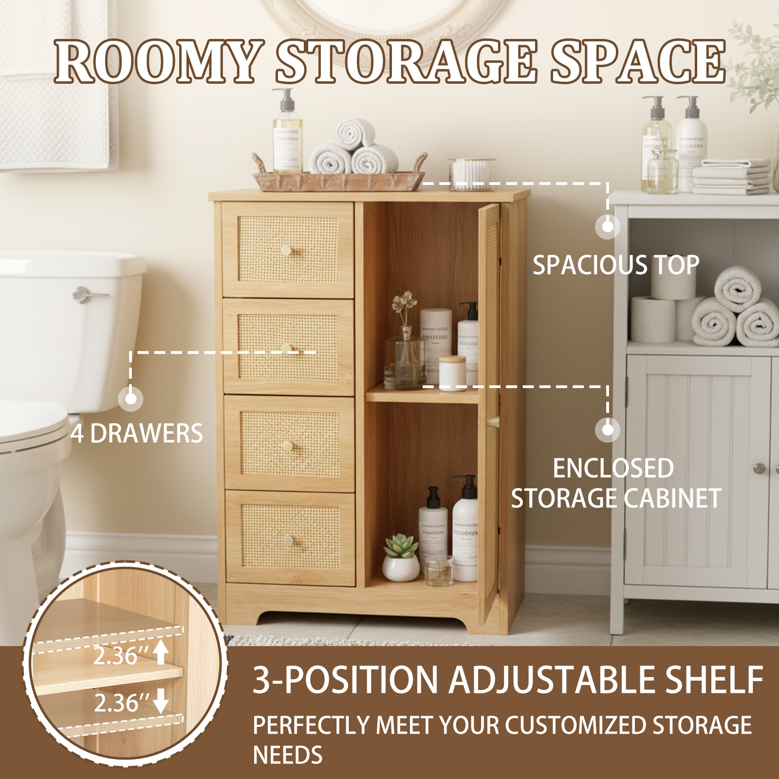 Ktaxon Wooden Bathroom Floor Cabinet, Side Storage Organizer with 4 Drawers, 1 Cupboard & 2-Shelves, Rattan