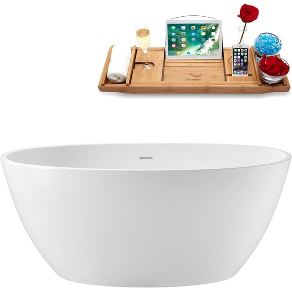 55" Streamline G-60-253-BL Soaking Glossy White Freestanding Tub and Tray With Internal Drain in Matte Black