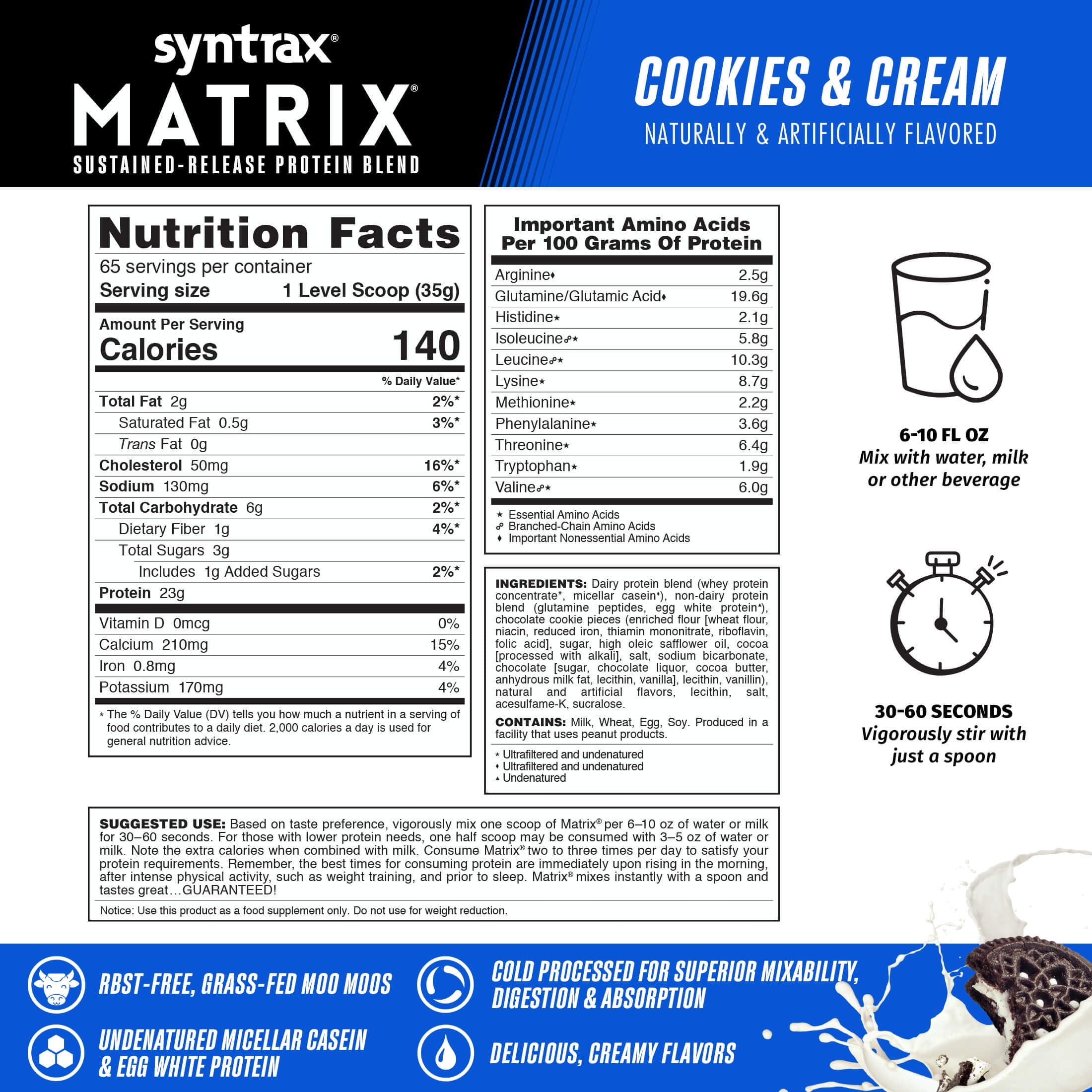 Syntrax Matrix Cookies and Cream Sustained‑Release Protein Powder Blend 5 lb with Real Cookie Pieces