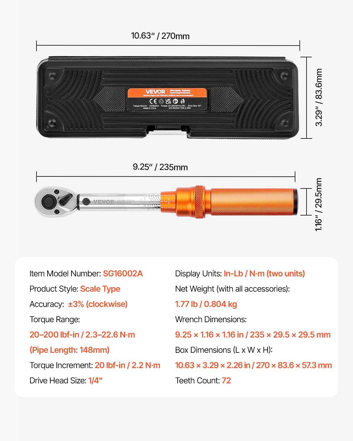 Precision Click Torque Wrench 1/4 Inch Drive 20-200 Inch Pounds 2.3-22.6 Newton Meters 72-Tooth Orange Handle