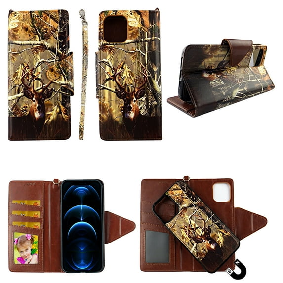 Camo Deer Case for iphone iPhone 12 Pro Max Magnetic Detachable Pu Leather Wallet Cover Flap Closure Snap-on Book Style Cases Card Holders Wrist Strap 2 in 1 Folio