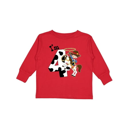 

Inktastic I m Four-cowboy riding horse birthday Boys Long Sleeve Toddler T-Shirt