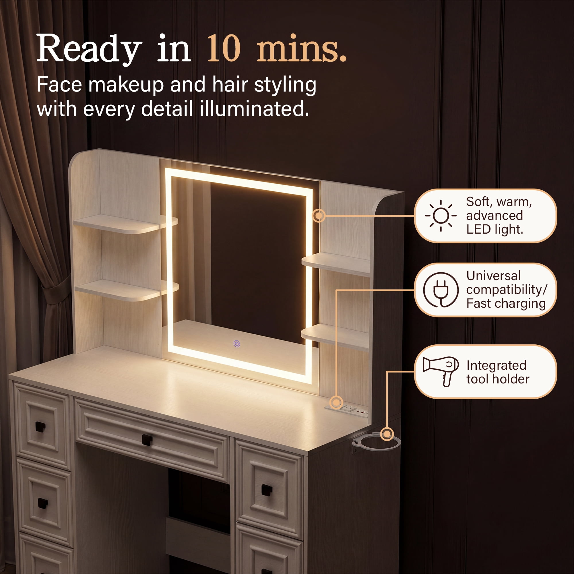 Lacoo Makeup Vanity Desk with LED Lighted Mirror & Charging Station, 7 Drawers Vanity Table with Open Shelves & Hair Dryer Holder for Bedroom Dressing Room, White