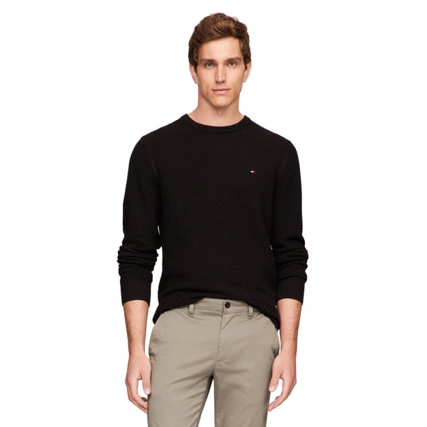 Jersey Tommy Hilfiger para hombre, cuello redondo estructurado 9GG, negro
