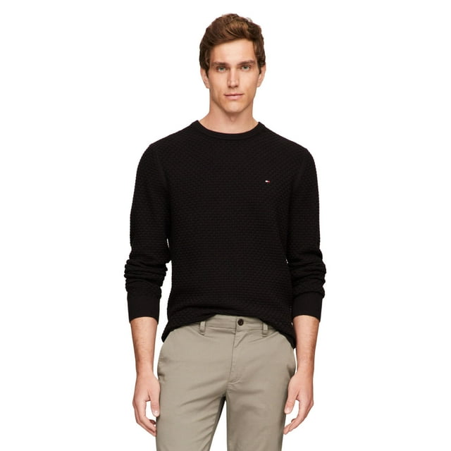 Jersey Tommy Hilfiger para hombre, cuello redondo estructurado 9GG, negro