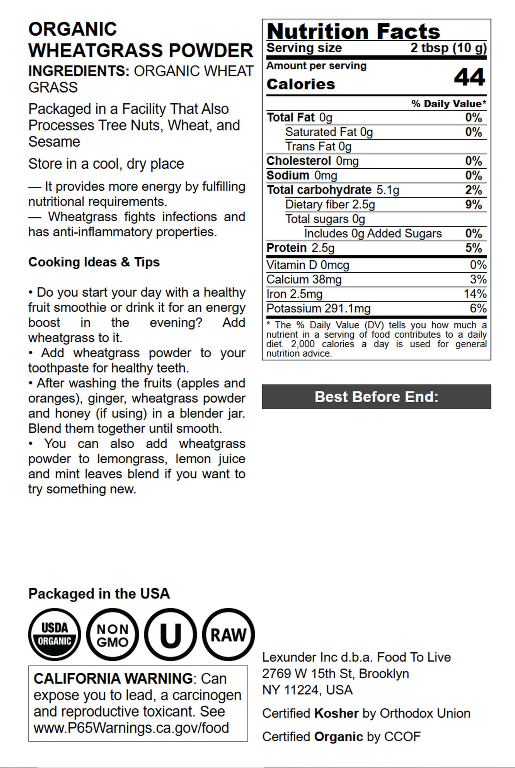 Organic Wheatgrass Powder, 2 Pounds — Non-GMO, Raw, Vegan, Kosher — by Food to Live