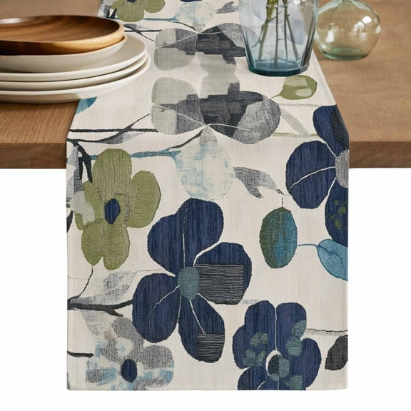 Navy Blue Green Floral Table Runner, Vintage Botanical Leaves Washable Cotton Linen Table Runners 60 Inches Long, Dresser Scarf Runner for Coffee/TV Stands/Kitchen/Cabinets 13''x60''