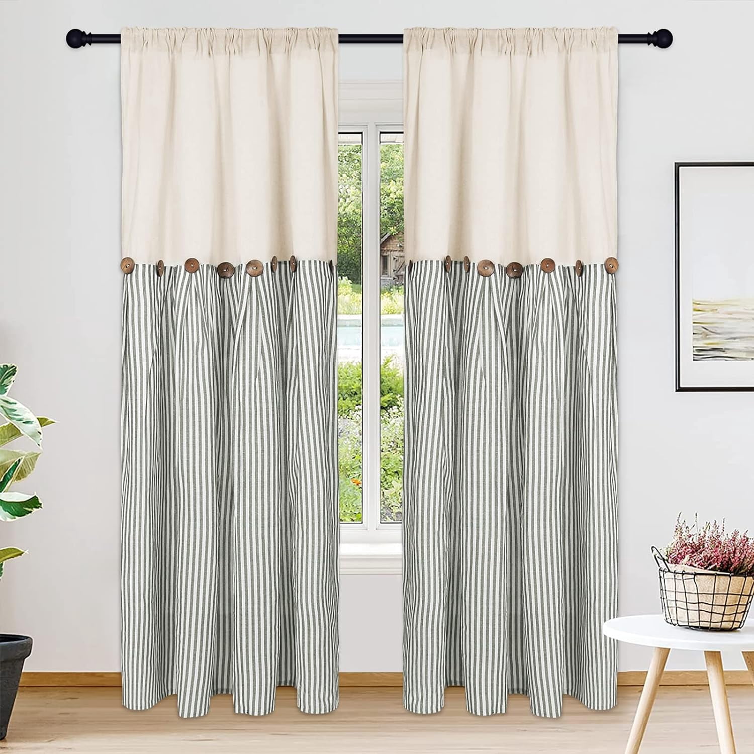 Alishomtll Farmhouse Curtains Sage Green Stripe Cotton Linen Button Boho Rustic Rod Pocket Back Tab Window Drapes for Living Room ,52 x 84 Inch, 2 Panels