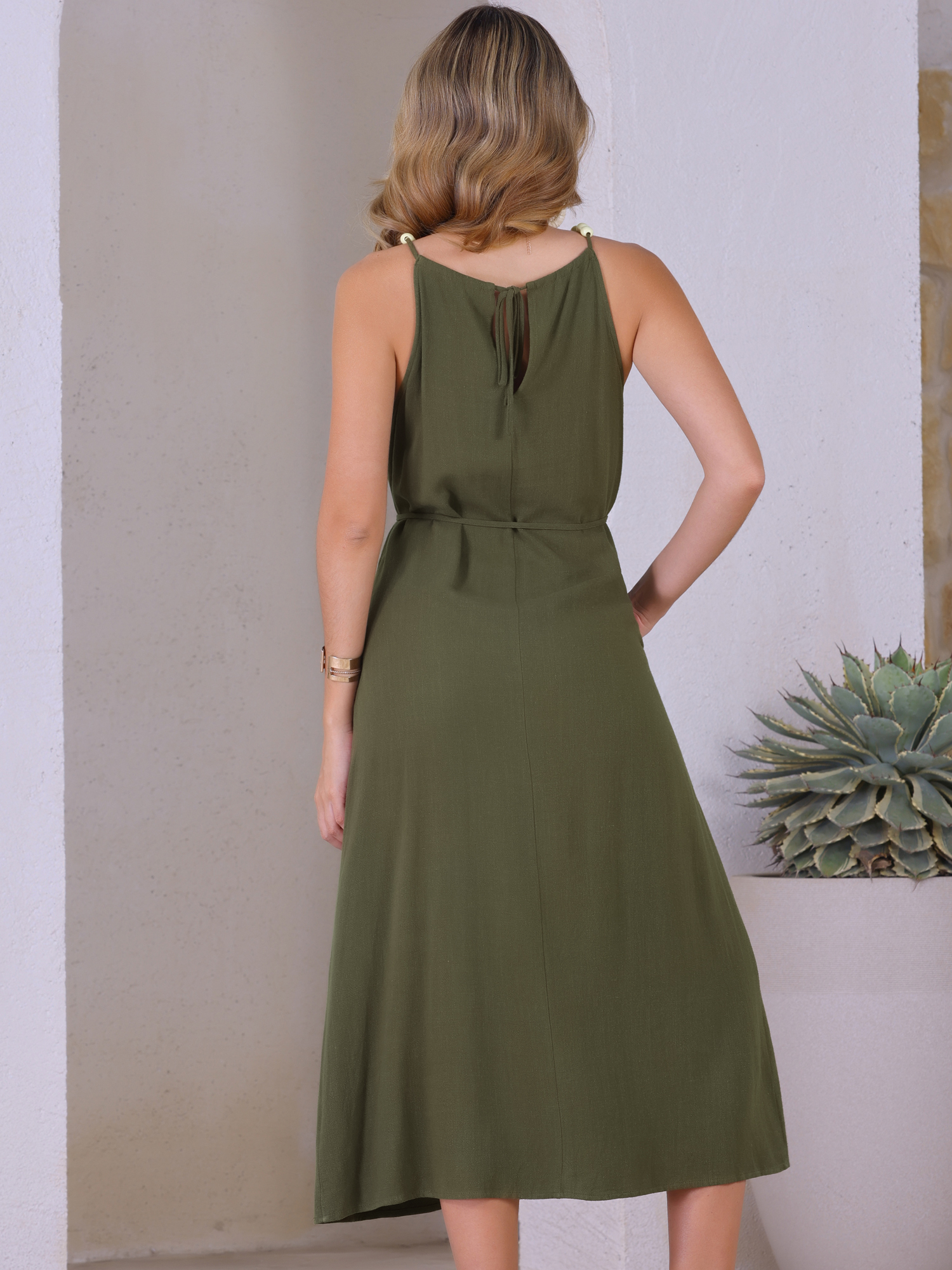 DARING DIVA Halter Neck Belted Casual Summer Midi Dress S Army Green