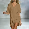 thumbnail image 5 of Ygbgbb Women V‑Neck Henley Mini Tunic Dress, Short Sleeve Half‑Placket Loose Fit Casual Shift Dress for Beach Cover‑Up and Everyday Summer Wear Coffee XL, 5 of 8