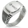thumbnail image 1 of Stainless Steel Sacred Lotus Unalome CZ Ribbed Needle Stripe Pattern Biker Style Polished Ring, 1 of 1