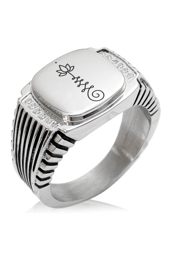 Stainless Steel Sacred Lotus Unalome CZ Ribbed Needle Stripe Pattern Biker Style Polished Ring