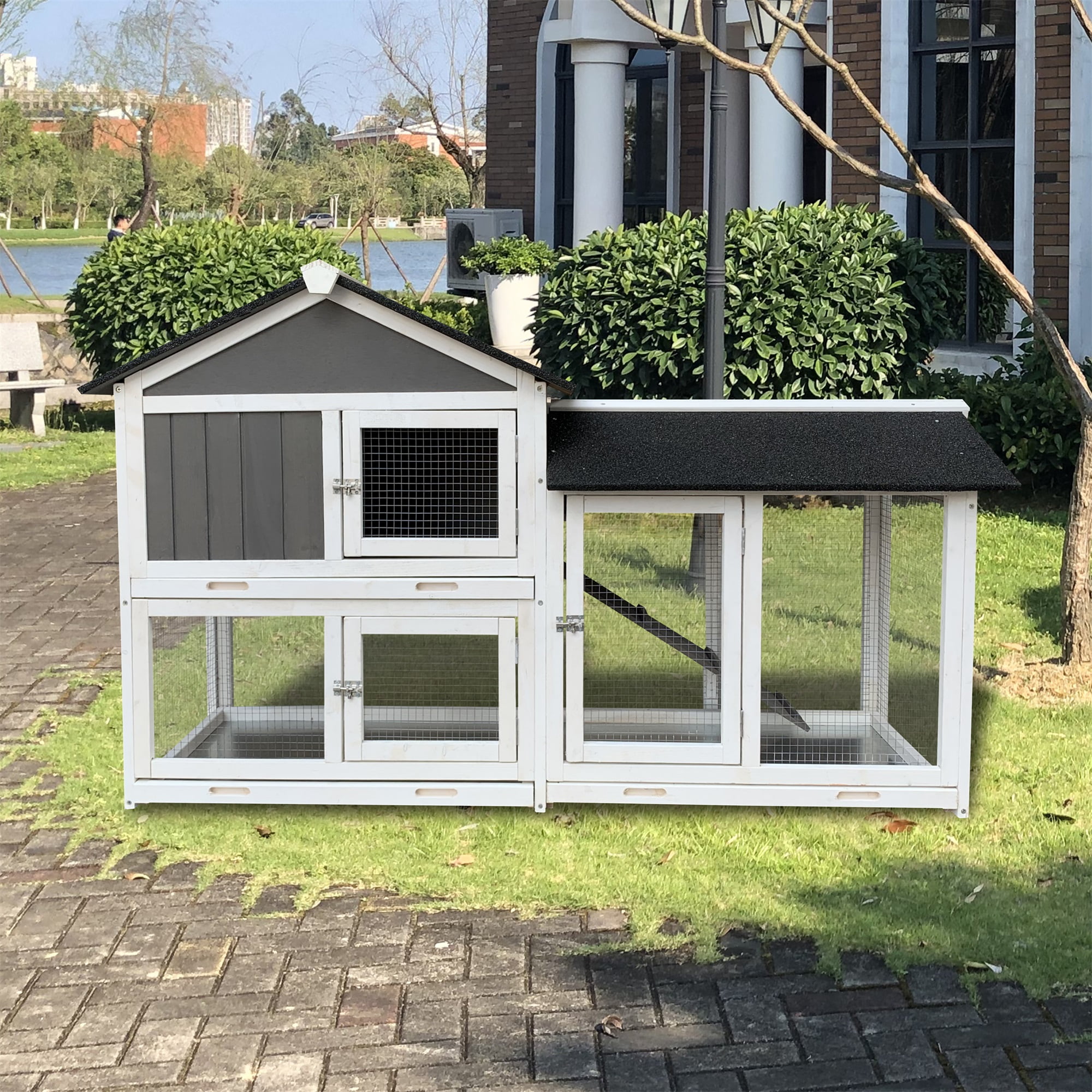 Pefilos 61" Wood Rabbit Hutch Indoor Outdoor Bunny Cage Rabbit House with Removable Tray Pet Cage for Small Animals, Gray Pefilos 61" Wood Rabbit Hutch Indoor Outdoor Bunny Cage Rabbit House with Removable Tray Pet Cage for Small Animals, Gray