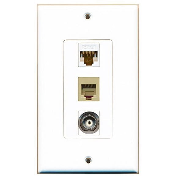 RiteAV - 1 Port Phone RJ11 RJ12 Beige and 1 Port BNC and 1 Port Cat6 Ethernet White Decorative Wall Plate Decorative