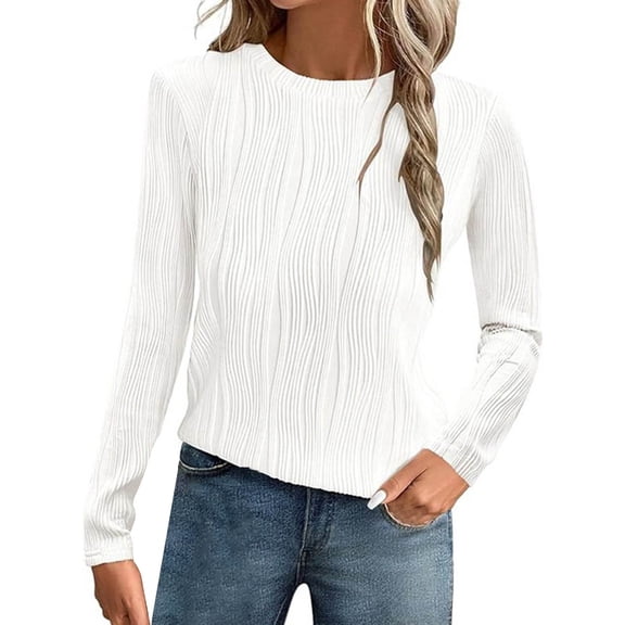 LEKODE Women Ribbed Long Sleeve Crew Neck Slim Fit Stretchy Basic T Shirts Tops White L