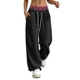 thumbnail image 2 of Womens Fleece Wide Leg Sweatpants Layered Drawstring Waist Patchwork Pants Casual Fashion Black M, 2 of 8