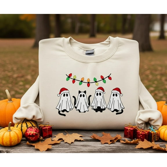 Ghost Cats Christmas Lights Embroidered Sweatshirt, Cute Holiday Cat Lover Sweater