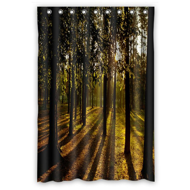 ABPHQTO Rayos de luz brillan a través de los árboles en el bosque de verano Cortina de ducha de poliéster impermeable y ganchos 120x180 cm