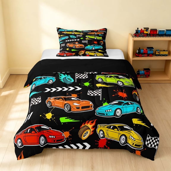 Erosebridal Race Car Twin Comforter Sets, Colorful Bedding Set, Multi Color, Black Reversible 2 Pieces 1 Comforter and 1 Pillowcase