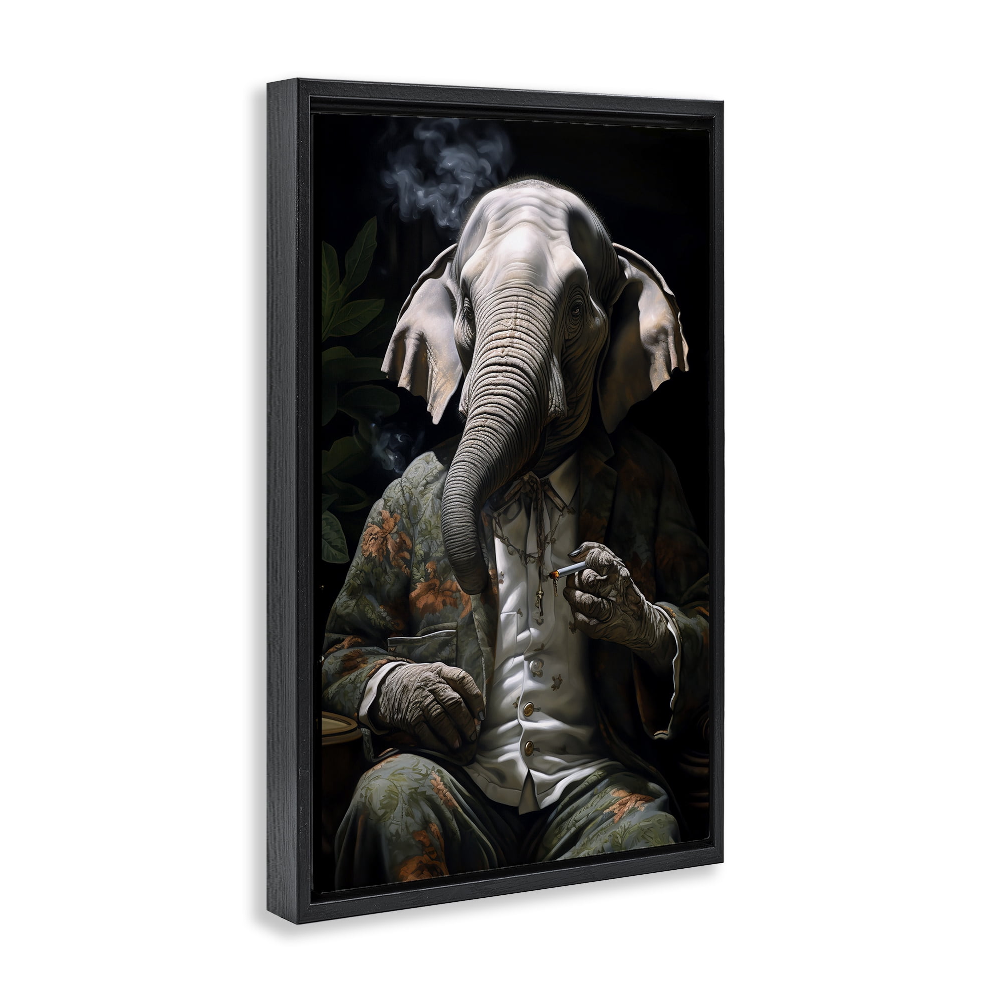 Stupell Industries Elephant Smoking Cigarette Novelty Painting Black Floater Framed Canvas Art Print Wall Art, 21 x 31