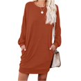 thumbnail image 3 of Women's Casual Dress Long Sleeve Round Neck Solid Color with Pocket Classic Fit Midi Dress for Spring Fall Everyday,Saffron,M, 3 of 8