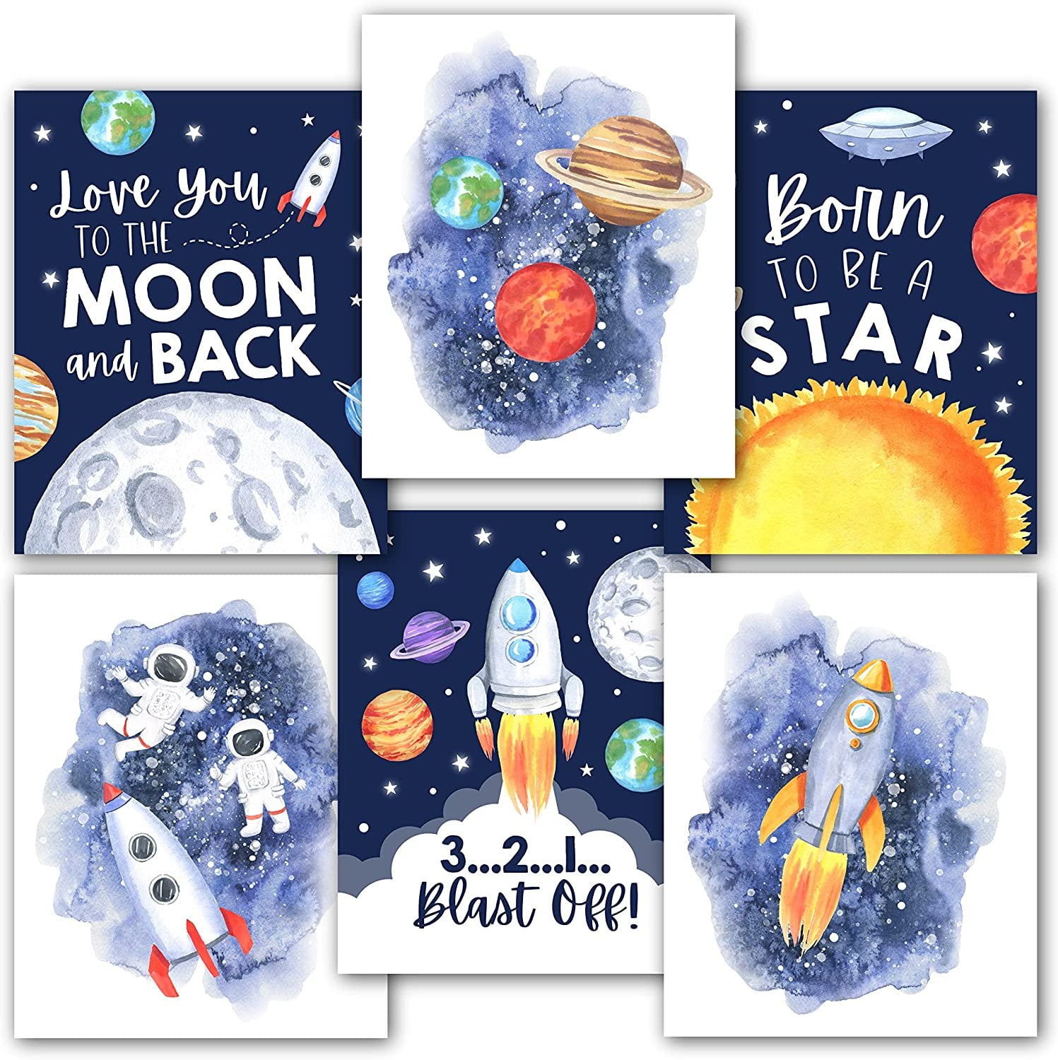 6 Reversible 8x10 Space Decor for Boys Room Prints, Space Themed