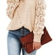 thumbnail image 3 of Suéter de punto hueco con cuello redondo para mujer, elegante, color puro, manga larga abombada, suéter de ganchillo, albaricoque S, 3 of 7