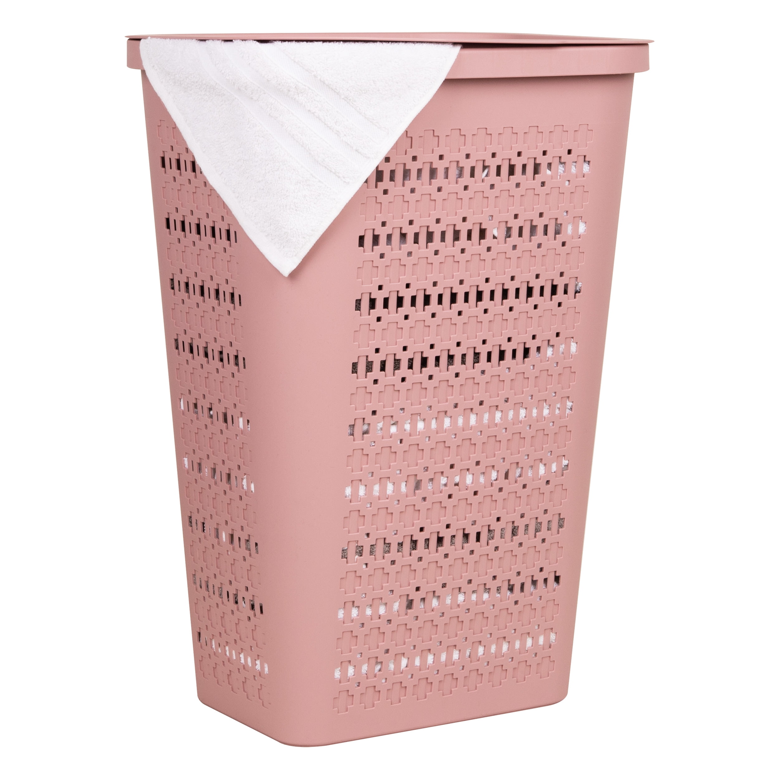 Mind Reader Slim Tapered Laundry Hamper with Lid, Clothes Basket with Swiss Cross Cut-Outs, Lightweight & Ventilated, Plastic, Pink
