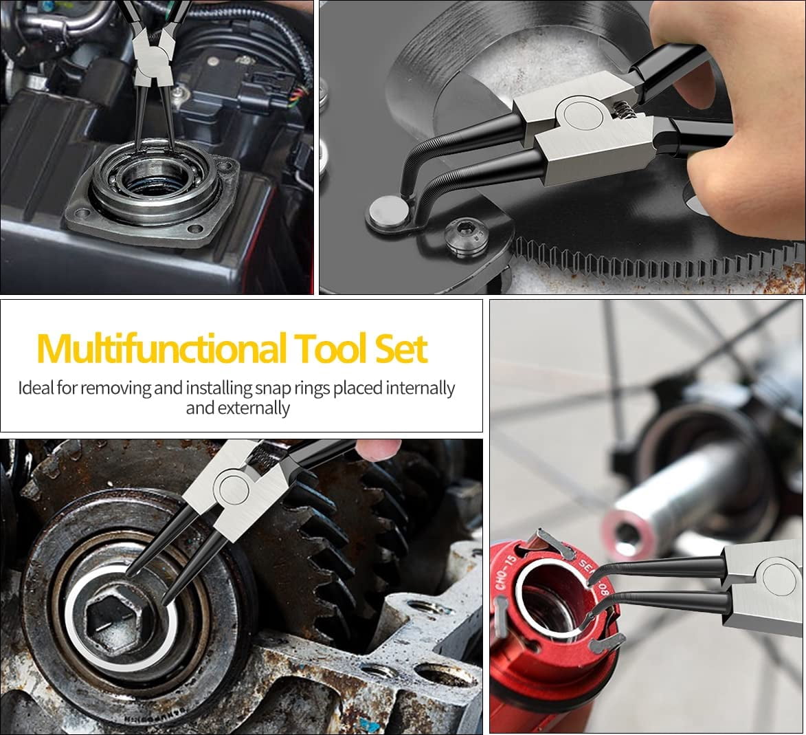 Snap Ring Pliers Set, 4pcs 7" Internal/External Circlip Pliers Kit with Straight/Bent Jaw, Heavy Duty Precision Spring Loaded Pliers for Ring Remover Retaining and Remove Hoses, Gaskets