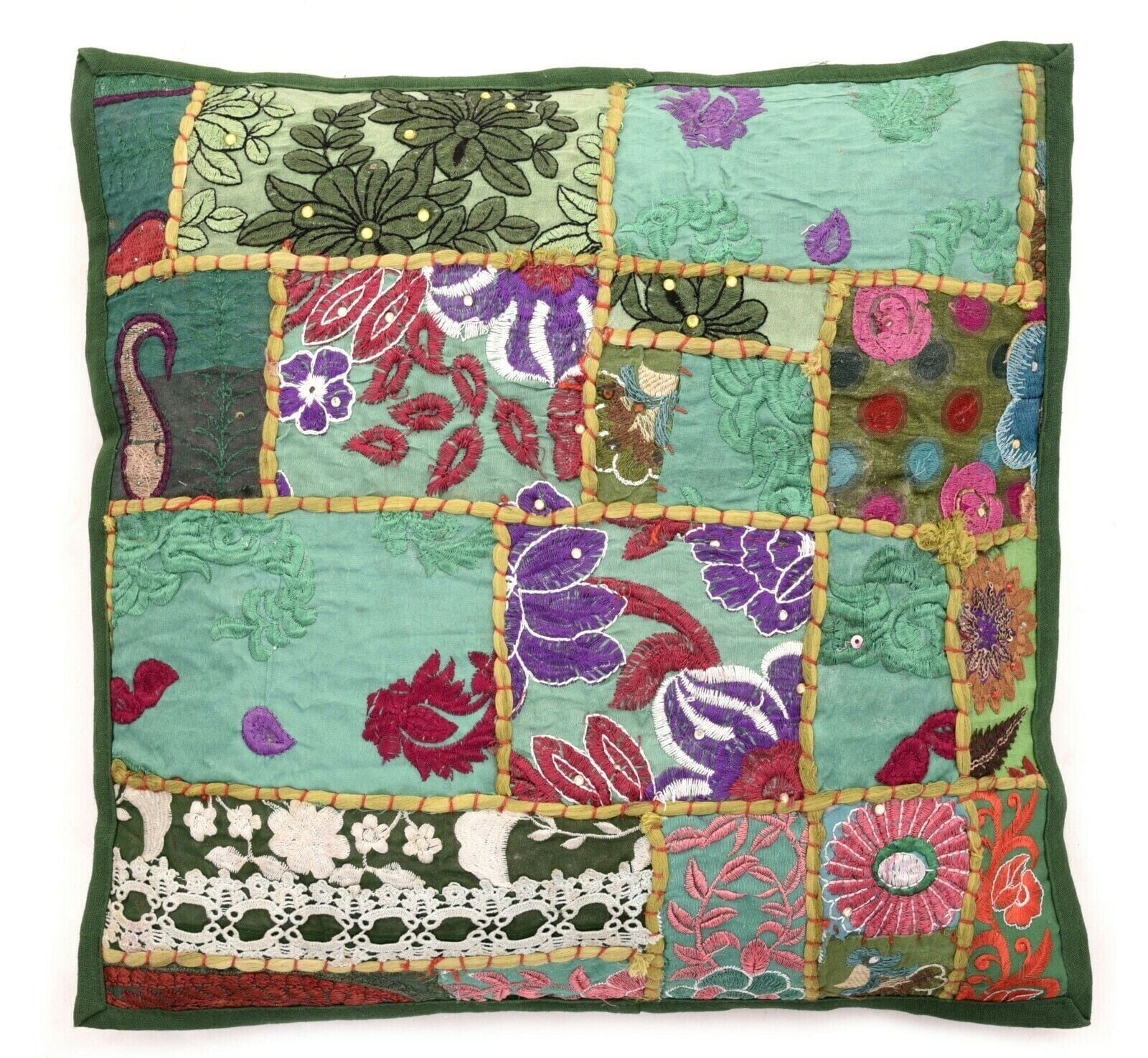 Indian Bohemian Decorative Sofa Throw Pillow Cover 16 Inch Cotton Patchwork Geometric Indian Square Couch Cushion Cover (Size - 40x40 cm ; Color: Green )