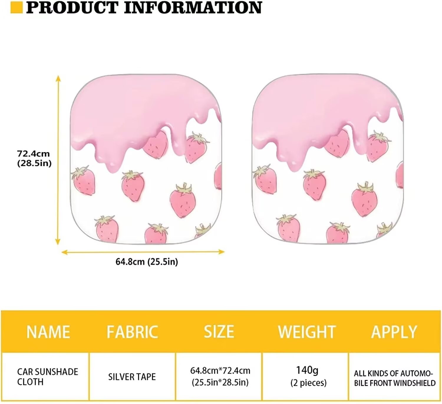 CYU SHOP Pink Strawberry Cream Car Sun Shade, 2-Pack photo 5