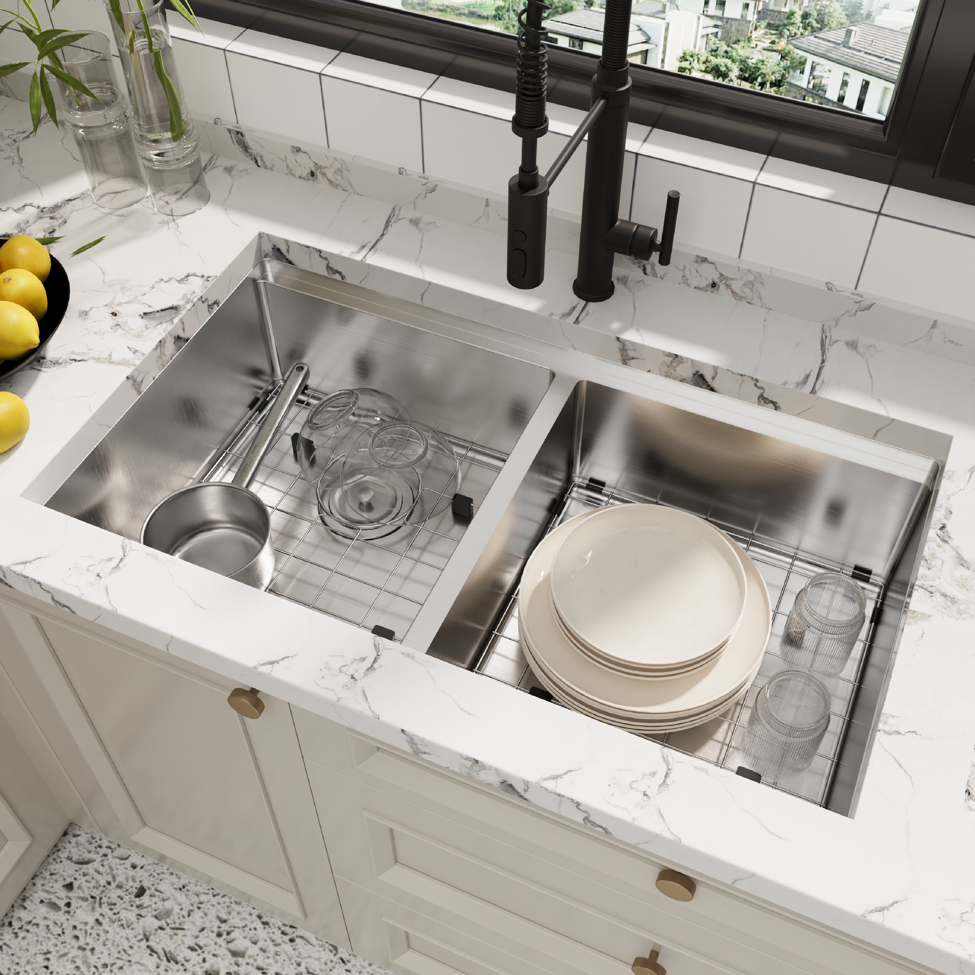 36x19 Inch Undermount Kitchen Sink, Double Bowl Design with Drainboard, 16 Gauge 304 Stainless Steel Construction, 10 Inch Deep, Includes Bottom Grid and Drain Assembly