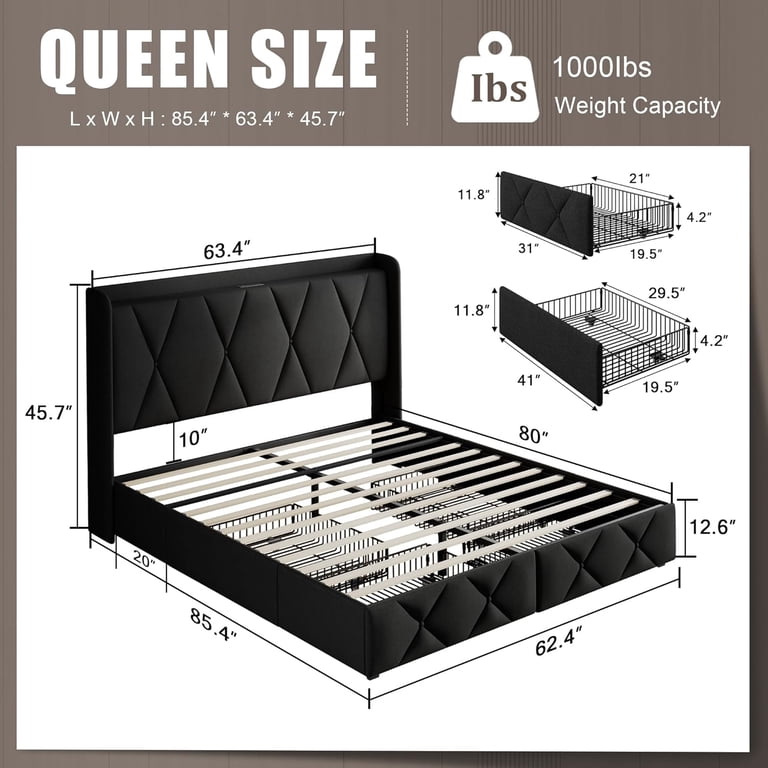 iPormis Queen Upholstered Bed Frame with 4 Storage Drawers photo 2