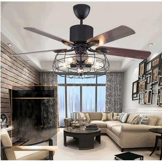 Oukaning Retro Industrial Ceiling Fan 5 Lights Remote Control Indoor Living Room Bar Mute Chandelier Com Oukaning Retro Industrial Ceiling Fan 5, High Ceiling Fans With Lights