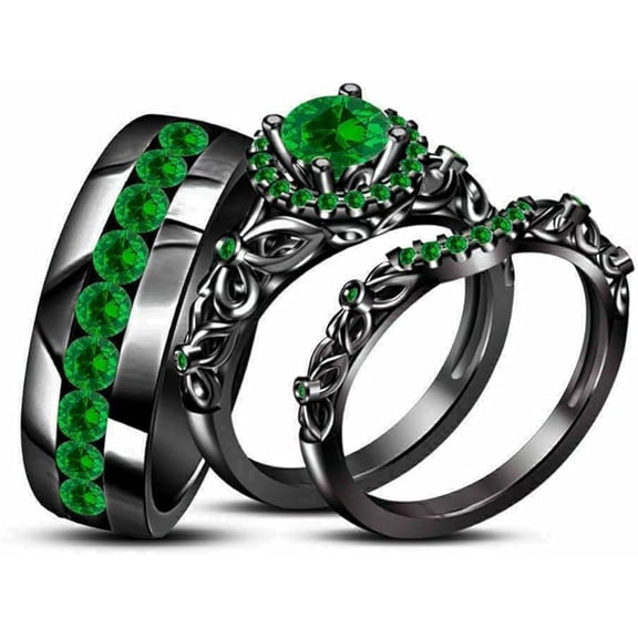 beryl_creation Unisex 1.10 Ct Round Cut Green Emerald Wedding Engagement Trio Ring Set 14K Black Gold Plated 925 Sterling Silver For Men's & Women's -6