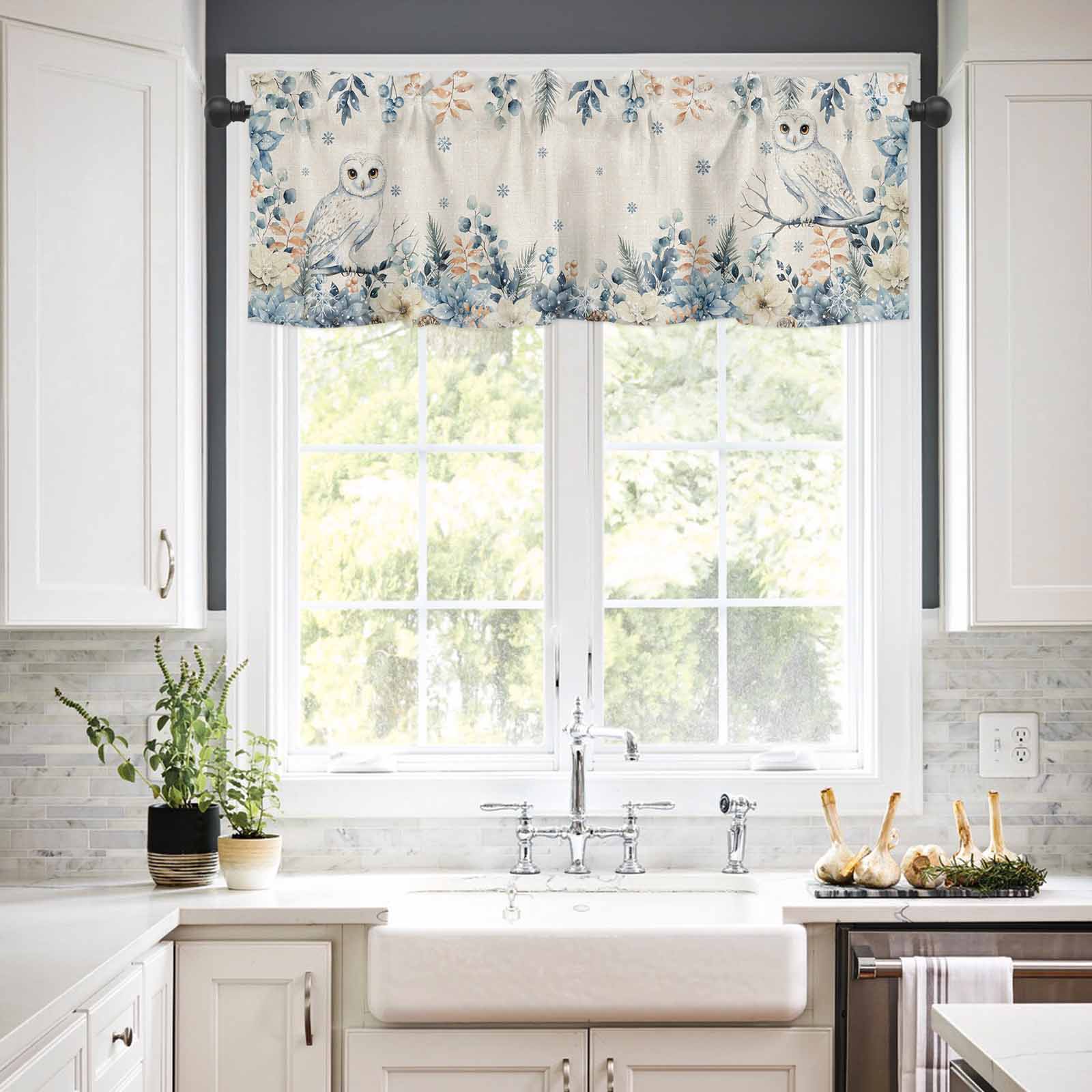 Christmas Owl Kitchen Curtains and Valances Set, Blue Eucalyptus Leaves Floral Winter Linen Rod Pocket Window Valance Window Curtain Panels for Living Room Bedroom Laundry, 27.5x36in, 3 Pieces