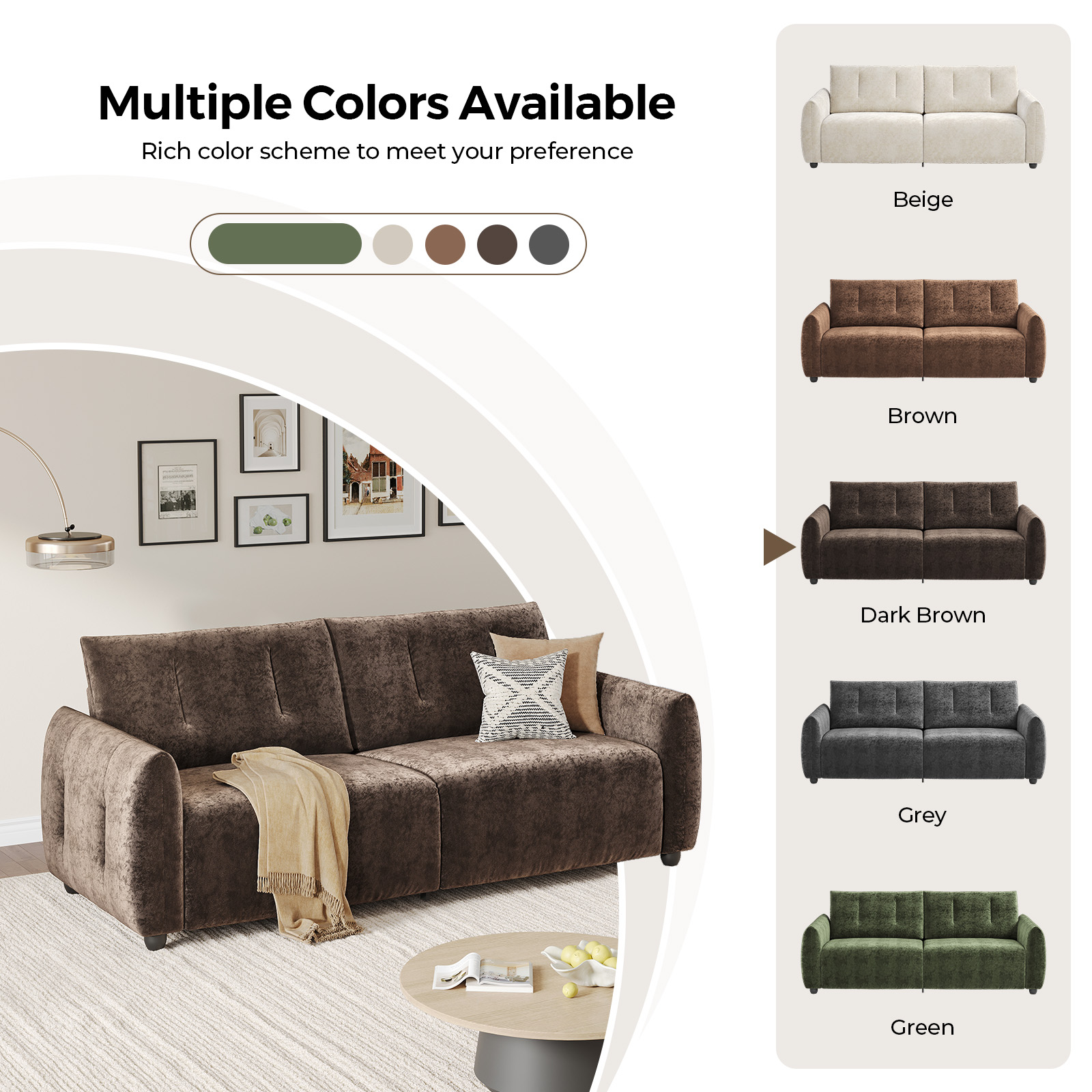 COPIAE 84.5 Inch Loveseat Sofa, Modern Couch and Sofa, Feather-tip armrest design, Sturdy and Easy Installation, Small Sofa for Living Room Bedroom Office and Apartment, Chenille Fabric,Dark Brown