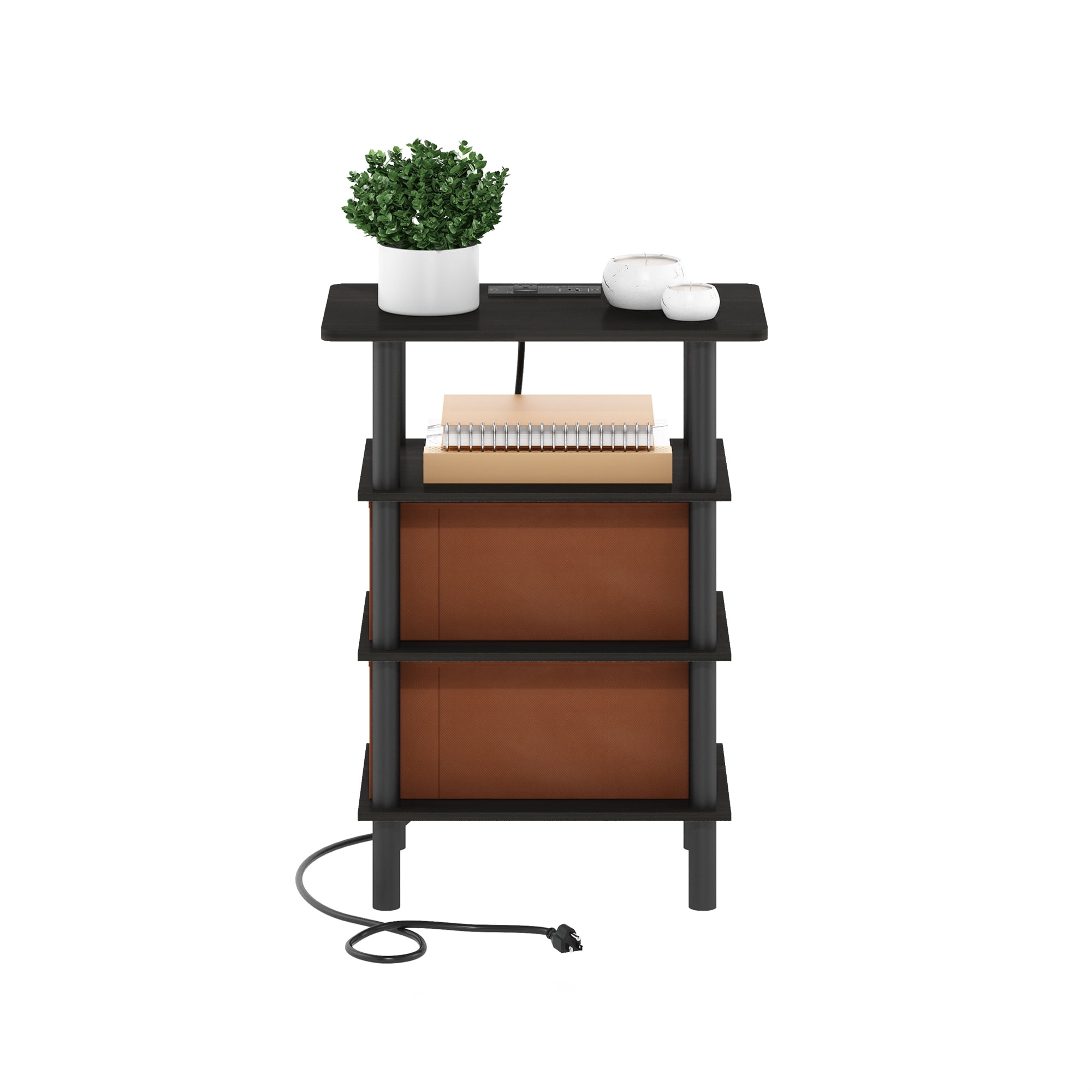 Furinno Turn-N-Tube 4-Tier Side Table, End Table, Nightstand with Bin Drawers, USB and Type-C Charging Port, Espresso/Black/Brown