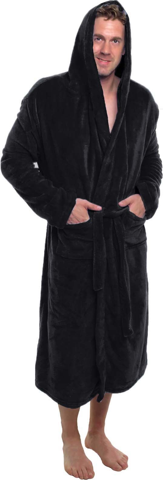 Ross Michaels Mens Robe with Hood - Soft Warm 320 GSM Mid Length Bathrobe -  Plush Shawl Collar Fleece Bath Robes for Men (Grey, Small-Medium) 