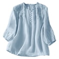 thumbnail image 2 of QUNYINEY Short Sleeve Womens Tshirts Summer Blue Cotton Linen Graphic Tees Pullover Embroidered Button V Neck Loose Fit Womens Tops Trendy, 2 of 9