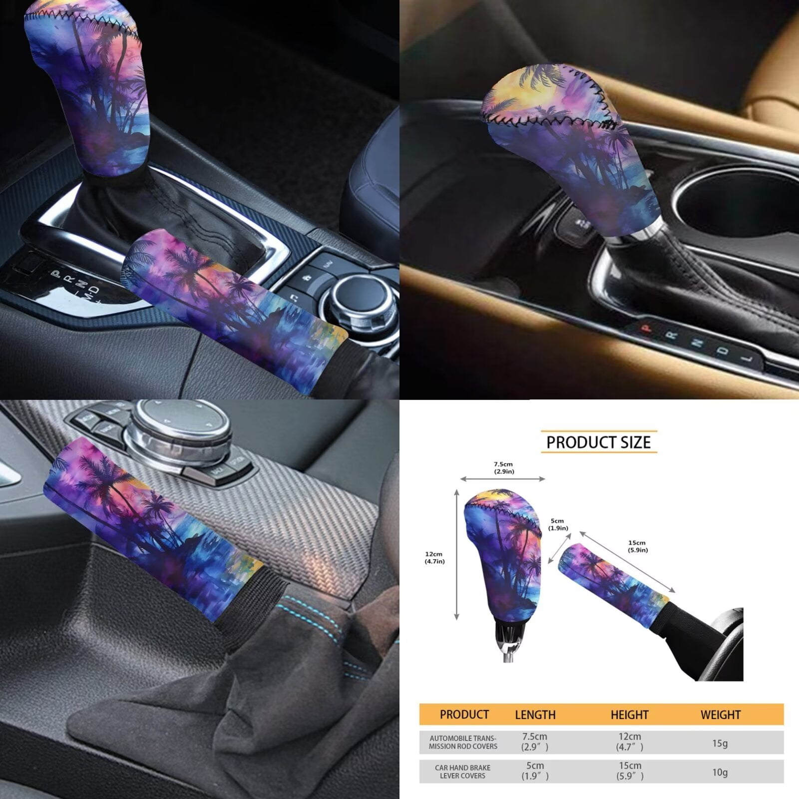 Garronmavis Sunset Palm Tree Car Seat Covers Full Set Adjustable Flexible with Cars Headrest Protectors+Lanyards Key Ring+Auto Cup Coaster+Handbrake Gear+Shift Knob Cover Universal Design
