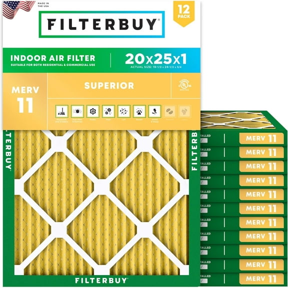 Filterbuy 20x25x1 MERV 11 Allergen Defense, Pleated HVAC AC Furnace Air Filters (12-Pack)